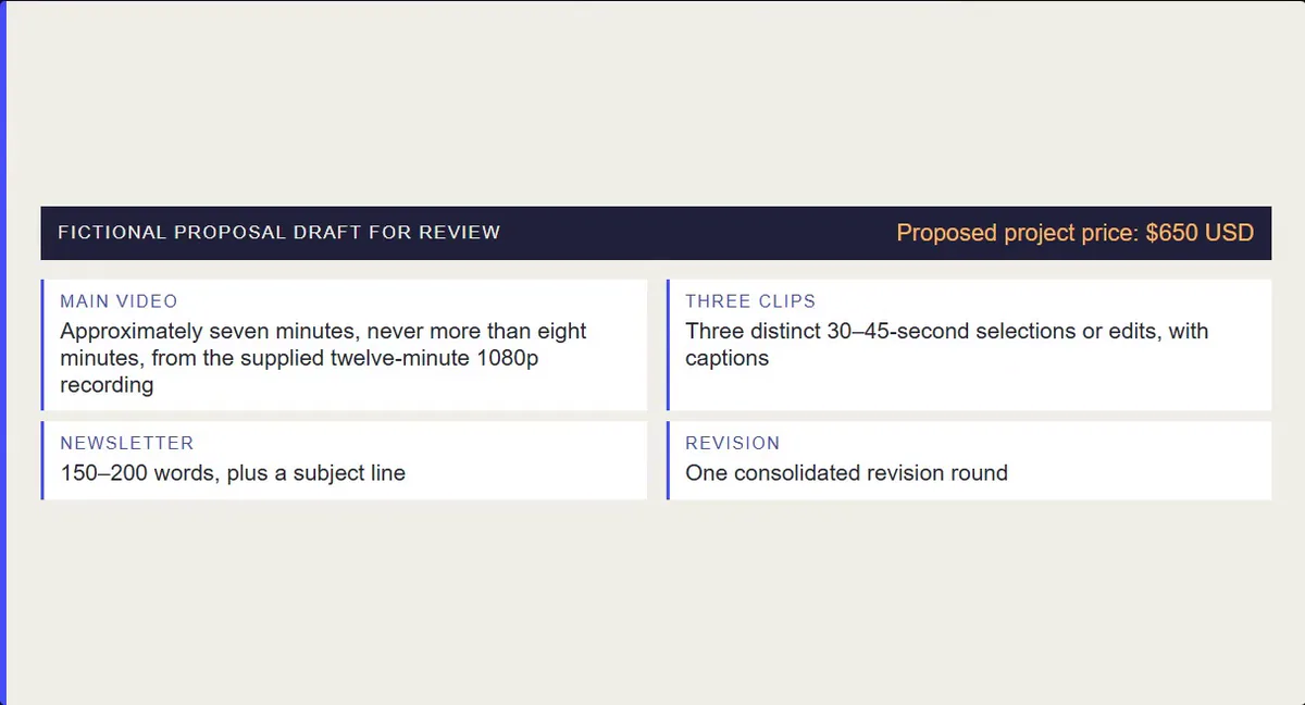 A fictional Creator Content Sprint proposal priced at $650, showing a main video, three clips, newsletter, and one revision round.