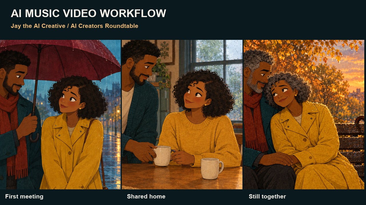 The animated couple at their first meeting, at home, and later in life.