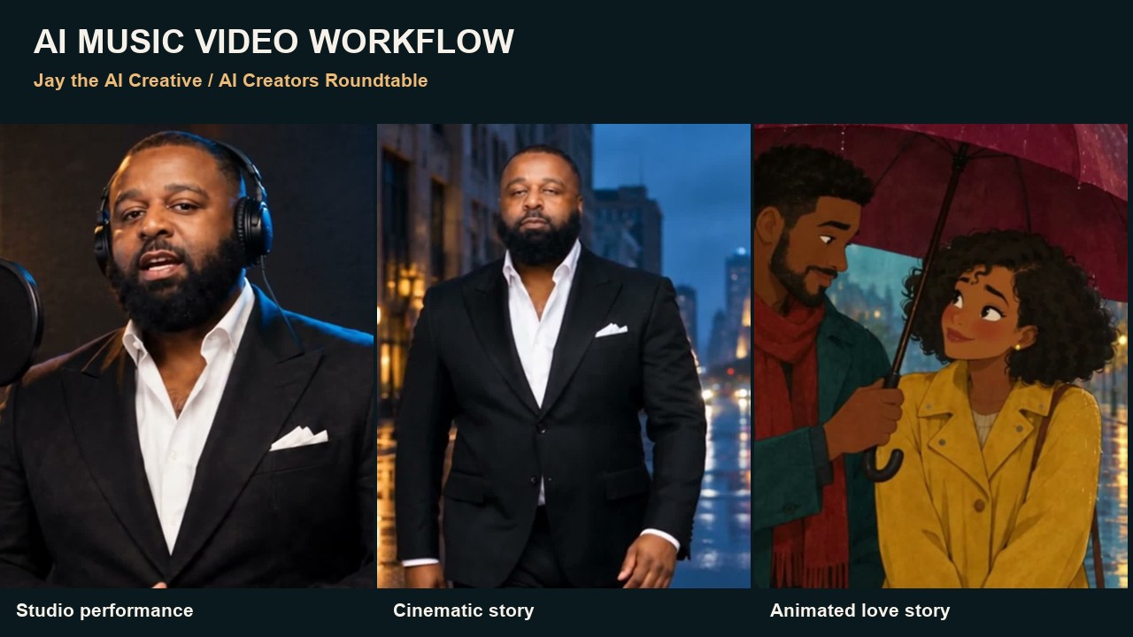 Three AI music video examples: Jay in a studio booth, a cinematic city story, and an animated couple sharing an umbrella.